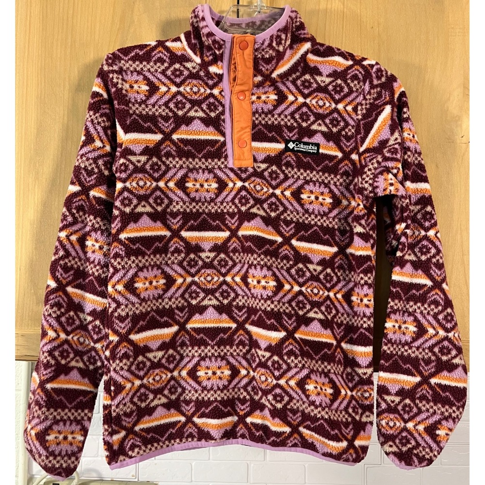 Columbia Fleece Pullover Womens XL Purple Geometric Southwestern Snap AY1012